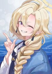 1girl ayame_(blue_archive) blonde_hair blue_archive braid earrings halo highres jewelry kc_ncp long_hair one_eye_closed pointy_ears purple_eyes single_braid solo yellow_halo