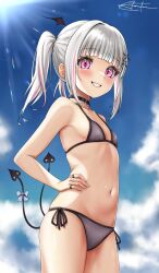1girl asumi_sena bikini black_collar blunt_bangs blush bow breasts cloud collar demon_girl demon_tail earrings grey_bikini grey_hair grin hair_ornament hands_on_own_hips head_wings heart_collar highres jewelry lipstick long_hair looking_at_viewer makeup mini_wings multicolored_hair multiple_tails muton_(muton82) navel pink_eyes pink_hair ring side-tie_bikini_bottom skindentation sky small_breasts smile solo stomach streaked_hair string_bikini stud_earrings swimsuit tail tail_bow tail_ornament twintails virtual_youtuber vspo! wings x_hair_ornament