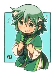 1boy :o border chinese_clothes flying_sweatdrops green_background green_eyes green_hair hair_ornament long_sleeves looking_at_viewer mawaru_(mawaru) open_mouth resi short_hair simple_background solo summon_night summon_night_2 white_border