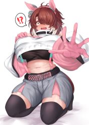 !? 1girl black_shirt black_thighhighs blush breasts brown_eyes brown_hair commentary_request cosplay dantsu_flame_(umamusume) ear_covers elegg_(nikke) elegg_(nikke)_(cosplay) embarrassed full_body gloves goddess_of_victory:_nikke grey_shorts hair_over_one_eye highres hisagi_(hisagi00) jacket kneeling large_breasts looking_at_viewer midriff multicolored_hair navel no_shoes nose_blush open_mouth pink_gloves reaching reaching_towards_viewer shirt short_hair shorts solo suspenders thighhighs two-tone_hair umamusume white_hair white_jacket