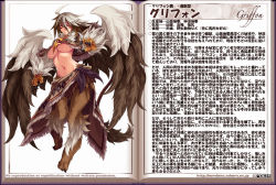 &gt;:( 1girl ahoge animal_hands book breasts brown_hair capelet character_name character_profile claws digitigrade facial_mark feathered_wings female_focus frown full_body fur griffin griffon_(monster_girl_encyclopedia) kenkou_cross large_breasts looking_at_viewer monster_girl monster_girl_encyclopedia monster_girl_encyclopedia_ii multicolored_hair navel official_art open_book serious solo stomach tail text_focus two-tone_hair underboob v-shaped_eyebrows waist_cape watermark web_address white_hair wings