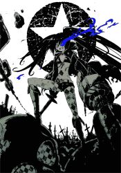 10s 1girl acm arm_cannon bad_id bad_pixiv_id belt bikini bikini_top_only black_hair black_rock_shooter black_rock_shooter_(character) boots chain coat cross female_focus flat_chest glowing glowing_eyes greyscale huge_weapon long_hair midriff mmk_(majinai_no_mori) monochrome navel scar shorts skull smile solo spot_color swimsuit sword twintails vocaloid weapon
