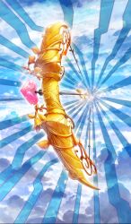 arrow_(projectile) blue_background blue_sky bow_(weapon) cloud cloudy_sky commentary fate/grand_order fate_(series) foreshortening heart-shaped_arrow lasengle no_humans official_art sky sparkle third-party_source weapon weapon_focus
