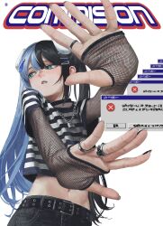 1girl absurdres belt black_hair black_nails blue_eyes blue_hair commission crop_top error_message fishnet_sleeves fishnets flat_chest highres jewelry kanikumi_toi long_hair looking_to_the_side multicolored_hair navel original outstretched_arms parted_lips ring solo split-color_hair
