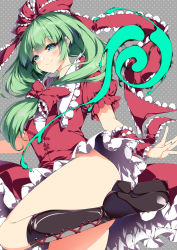 1girl arm_ribbon black_boots boots bow closed_mouth cowboy_shot cross-laced_clothes dress frilled_bow frilled_dress frilled_ribbon frills front_ponytail green_eyes green_hair grey_background hair_ribbon kagiyama_hina lace-up_boots leg_up long_hair looking_at_viewer polka_dot polka_dot_background puffy_short_sleeves puffy_sleeves red_bow red_dress red_ribbon ribbon sakurame short_sleeves smile solo spiral standing touhou