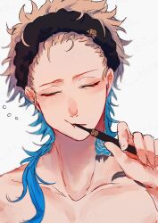 Rule 34 | 1boy, absurdres, arm up, black hairband, blonde hair, blue flower, blue hair, blue lock, blue rose, brushing teeth, closed eyes, collarbone, commentary request, flower, flower tattoo, gradient hair, hair pulled back, hairband, highres, holding, holding toothbrush, male focus, michael kaiser, multicolored hair, neck tattoo, nude, rose, simple background, sleepy, solo, squeans, tattoo, toothbrush, white background, z (user asha7224)