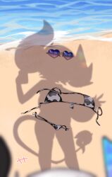 1girl animal_print beach bikini breasts cow_girl cow_horns cow_print cow_print_bikini cow_tail dressed_shadow_(meme) eyewear_on_head highres horns huge_breasts mato_tsuyoi meme ocean original print_bikini selfie silhouette sunglasses swimsuit tail yamada_vanhouten_(mato_tsuyoi)