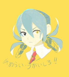 Rule 34 | 1girl, ai the somnium files, ai the somnium files: nirvana initiative, black eyes, blue hair, braid, collared shirt, gebodyabo, heterochromia, highres, long hair, looking at viewer, low twin braids, necktie, okiura mizuki, portrait, red necktie, school uniform, sekiba girls&#039; high school uniform, shirt, simple background, solo, translation request, twin braids, very long hair, white shirt, yellow background, yellow eyes