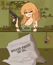 1girl :d absurdres ahoge backrooms_(creepypasta) bare_shoulders black_shorts braid breasts centurii-chan cleavage collarbone commentary english_commentary english_text graph green_tank_top gun hair_between_eyes hand_up hanged highres holding holding_gun holding_weapon large_breasts long_hair looking_at_viewer newspaper noose open_mouth orange_eyes orange_hair original shorts sleeveless smile suicide tank_top weapon