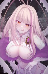 1girl :q absurdres antenna_hair arthropod_girl arthropod_limbs breasts center_opening cleavage_cutout clothing_cutout cockroach_girl commentary dress english_commentary fur-trimmed_dress fur_trim highres indie_virtual_youtuber large_breasts licking_lips long_hair looking_at_viewer matara_kan matara_kan_(1st_costume) matoi_miia mole mole_on_breast monster_girl multicolored_hair navel pink_hair purple_hair red_eyes skull smile solo streaked_hair tongue tongue_out two-tone_hair virtual_youtuber white_dress