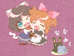 Rule 34 | 2girls, = =, abe nana, alternate costume, animal ears, apron, aqua eyes, back bow, black dress, black shoes, blue skirt, blue thighhighs, blue vest, blunt bangs, blunt ends, blush stickers, bob cut, bow, bowtie, brown hair, buttons, cat, cat ears, cat girl, cat tail, chibi, commentary request, dress, enmaided, fang, frilled apron, frilled dress, frills, hair bow, head tilt, heads together, heart, heart in mouth, holding hands, idolmaster, idolmaster cinderella girls, kemonomimi mode, long dress, looking at viewer, maekawa miku, maid, miniskirt, multiple girls, open mouth, orange hair, pink bow, plaid clothes, plaid skirt, pleated skirt, ponytail, purple background, rabbit, red bow, red bowtie, school uniform, shadow, shirt, shoes, short hair, short hair with long locks, short ponytail, short sleeves, skirt, smile, sweater vest, tail, thighhighs, traditional bowtie, usoneko, vest, white apron, white bow, white shirt, white sleeve cuffs, wide sleeves, yuri