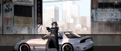 1girl ad aiming angelia_(girls&#039;_frontline) belt_pouch black_hair black_jacket building car city cityscape day girls&#039;_frontline gloves gun hair_over_one_eye handgun highres holding holding_gun holding_weapon injury jacket long_jacket mazda_rx-7 mazda_rx-7_fd mechanical_arms mechanical_legs midriff motor_vehicle navel open_clothes open_jacket outdoors pants pouch prosthesis salty_eyes scar sign single_mechanical_arm single_mechanical_leg solo sports_car vehicle_focus vehicle_request weapon