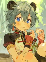 1boy :3 :t aged_down alternate_costume animal_ears armlet bamboo_steamer bear_ears black_ears black_shorts black_shrug blue_eyes blurry blurry_background cheek_bulge child chinese_clothes chinese_knot closed_mouth day dot_nose double-parted_bangs earrings eating elbow_on_thigh ensemble_stars! extra_ears feet_out_of_frame fingerless_gloves food food_on_face gloves grey_hair hair_between_eyes hands_up holding holding_food jewelry knees_up kuzuvine layered_gloves light_blush male_focus mandarin_collar meandros_trim medium_hair outdoors ponytail portrait red_gloves red_trim scenery shiina_niki shirt short_ponytail short_sleeves shorts shrug_(clothing) sketch solo steamed_bun sunlight tangzhuang tassel tassel_earrings three_quarter_view unkempt white_shirt yellow_trim