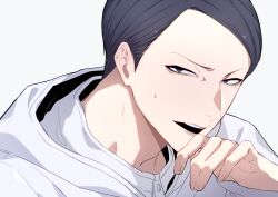Rule 34 | 1boy, absurdres, black eyes, black hair, furrowed brow, grey background, hand on own chin, hand up, highres, iwnm0313, jacket, long sleeves, looking at viewer, male focus, short hair, simple background, solo, sweatdrop, toshi densetsu kaitai center, upper body, white background, white jacket, yamada gasmask