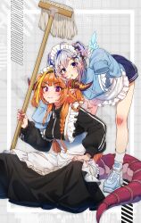 2girls :3 absurdres alternate_costume amane_kanata angel_wings bent_over black_skirt blonde_hair blue_hair blue_jacket blue_sky blue_wings blush commentary_request double_bun dragon_girl dragon_horns dragon_tail enmaided feathered_wings gradient_wings grey_hair hair_bun hair_ornament hairclip hand_on_another&#039;s_shoulder highres holding holding_mop hololive horns jacket jersey_maid kiryu_coco long_hair long_skirt looking_at_viewer maid maid_headdress mini_wings miniskirt mop multicolored_hair multicolored_wings multiple_girls official_alternate_hairstyle open_mouth orange_hair pink_hair pleated_skirt purple_eyes shoes skirt sky sleeves_past_fingers sleeves_past_wrists sneakers streaked_hair sushida_hayari tail unconventional_maid virtual_youtuber white_wings wings x_hair_ornament