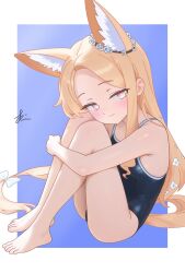 1girl alternate_costume animal_ear_fluff animal_ears armpit_crease bare_legs bare_shoulders barefoot black_one-piece_swimsuit blue_archive blue_background blush border bow breasts bright_pupils closed_mouth commentary_request extra_ears feet flower_wreath forehead fox_ears fox_girl fox_tail full_body hair_bow head_wreath highres hugging_own_legs knees_up looking_at_viewer multicolored_eyes one-piece_swimsuit outside_border parted_bangs pink_eyes rin_(rin0214tw) school_swimsuit seia_(blue_archive) signature simple_background sitting slit_pupils small_breasts smile solo swimsuit tail thighs two-tone_eyes white_border white_bow white_pupils yellow_eyes