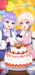 Rule 34 | 2girls, 60mai, amane shizuku, balloon, blonde hair, blue eyes, blue hair, breasts, bunting, cake, candle, character request, clothing cutout, dress, earrings, flower, food, fruit, gradient hair, hair flower, hair ornament, happy birthday, highres, holding, iriam, jewelry, long hair, mixing bowl, multicolored hair, multiple girls, open mouth, pinafore dress, pink dress, purple dress, purple eyes, purple hair, purple nails, shirt, short hair, shoulder cutout, sleeveless, sleeveless dress, smile, strawberry, streaked hair, virtual youtuber, white shirt