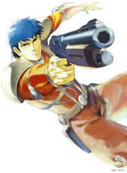 1boy belt blue_eyes blue_hair box_art cable chirico_cuvie fubuki_(fakemonkey0224) green_belt gun hair_behind_ear handgun holding holding_gun holding_weapon male_focus official_art open_hand parted_lips pilot_suit pistol solo soukou_kihei_votoms weapon white_background