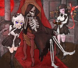 Rule 34 | 1boy, 2girls, anderhorlo, black hair, chair, cloak, highres, hood, hooded cloak, horns, indoors, long hair, maid, monster girl, moon, multiple girls, night, original, pointy ears, purple eyes, red moon, short hair, skeleton, tail, white hair, wings