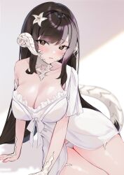 1girl arm_support au_ra babydoll black_hair breasts brown_eyes cleavage commentary_request dragon_horns dragon_tail final_fantasy final_fantasy_xiv flower hair_flower hair_ornament highres horns large_breasts long_hair looking_at_viewer panties parted_lips scales shhilee sidelocks solo tail thick_thighs thighs underwear warrior_of_light_(ff14) white_babydoll white_horns white_panties
