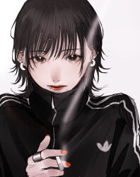 Rule 34 | 1girl, absurdres, adidas, aegyo sal, black eyes, black hair, black jacket, choppy bangs, cigarette, closed mouth, earrings, face piercing, grey background, highres, holding, holding cigarette, jacket, jewelry, lip piercing, lip ring, lipstick, looking at viewer, makeup, mano aaa, mole, mole under mouth, nail polish, original, piercing, red lips, red nails, ring, short hair, simple background, smoke, smoke trail, smoking, solo, turtleneck, turtleneck jacket, upper body, wolf cut