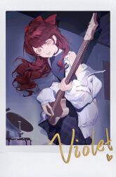 Rule 34 | 1girl, black choker, black shirt, black skirt, breasts, choker, drum, drum set, guitar, highres, holding, holding guitar, holding instrument, instrument, jacket, long hair, looking at viewer, open clothes, open jacket, persona, persona 5, persona 5 the royal, pleated skirt, ponytail, red eyes, red hair, shirt, skirt, sleeveless, smile, solo, white jacket, yoshizawa kasumi, yun (dl2n5c7kbh8ihcx)