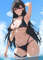 1girl alternate_costume arm_behind_head arm_up armpits bare_arms bare_shoulders bikini black_bikini black_choker black_hair blue_sky blush breasts choker choppy_bangs cleavage collarbone commentary commission contrapposto cowboy_shot ear_piercing earrings front-tie_bikini_top front-tie_top groin hair_ornament haro_art highres jewelry kuroha_arya large_breasts light_smile long_hair looking_at_viewer multi-strapped_bikini_bottom navel outdoors piercing single_earring skeb_commission sky solo stomach swimsuit thigh_strap virtual_youtuber vspo! vspo!_en wading water