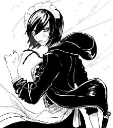1girl apron bandaid bandaid_on_cheek bandaid_on_face baseball_bat bruise bruise_on_face cigarette clenched_hand commentary fufu_(fufuichi04) highres holding holding_baseball_bat hood hood_down hooded_jacket injury jacket jewelry maid maid_apron maid_headdress mole mole_under_mouth mouth_hold open_clothes open_jacket original ring short_hair sleeves_rolled_up smoke smoking solo symbol-only_commentary upper_body