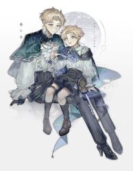 2boys age_comparison ascot astrolabe black_capelet black_gloves black_pants black_shoes black_shorts black_socks blonde_hair blue_ascot blue_eyes capelet chi.:_chikyuu_no_undou_ni_tsuite child closed_mouth dress_shoes frilled_shirt_collar frills full_body gloves highres light_blush long_sleeves male_focus multiple_boys open_mouth pants parted_bangs pointing puffy_long_sleeves puffy_sleeves rafal_(chi.) shirt shoes short_hair shorts sitting sitting_on_lap sitting_on_person smile socks toramledak white_ascot white_shirt
