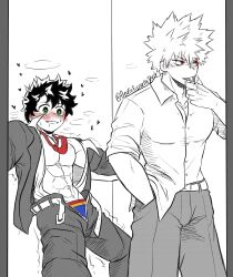 Rule 34 | 2boys, abs, aftersex, aneclipseatdusk, bakudeku, bakugou katsuki, blush, boku no hero academia, cum, cum in mouth, curly hair, green eyes, heart, heart-shaped pupils, humming, jacket, messy hair, midoriya izuku, multiple boys, muscular, necktie, open clothes, open shirt, pants, pectorals, red eyes, room, shaking, spiked hair, symbol-shaped pupils, tongue, tongue out, underwear, untied belt, yaoi