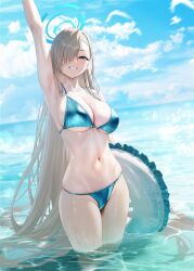 1girl alternate_costume aqua_bikini arm_up asuna_(blue_archive) bikini blue_archive blue_eyes blue_halo blue_sky breasts cloud dutch_angle grin hair_over_one_eye halo large_breasts lifebuoy long_hair mole mole_on_breast navel ocean sideboob sky smile solar_(happymonk) solo stomach swim_ring swimsuit underboob wading