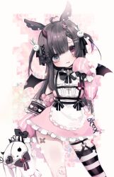 1girl 1other 2022 ahoge apron bandaged_knees bandaged_leg bandages bat_wings black_hair character_request floating_wings garters heart heart_ahoge heterochromia horns indie_virtual_youtuber kamiru_runa long_hair pink_skirt rabbit_ears shishamosama skirt socks solo striped_clothes striped_socks toy_bunny twintails vampire virtual_youtuber white_background wings
