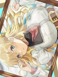 1girl absurdres agnes_claudel blonde_hair blue_eyes breasts bun_with_braided_base cancanbaobao55 coat double-parted_bangs eiyuu_densetsu hair_between_eyes hair_bun highres jewelry kai_no_kiseki kuro_no_kiseki_(series) large_breasts long_hair looking_at_viewer pendant picture_frame single_side_bun smile solo
