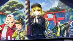 Rule 34 | 1girl, 6+boys, ^ ^, absurdres, aoyama kazuki, arisugawa saori, baseball cap, black hat, black jacket, blonde hair, blue eyes, blue hair, closed eyes, copyright notice, daimon manami, green eyes, green hat, green jacket, grin, hat, highres, jacket, kamiya shun, long hair, mita santarou, multiple boys, nekomaru (tribe nine), new year, official art, orange eyes, own hands together, praying, red jacket, shirokane haru, shirt, short hair, shrine, smile, taiga (tribe nine), torii, tribe nine, twintails, white hair, yellow jacket, yellow shirt