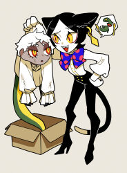 2girls animal_ears animal_hands black_hair blue_bow blue_bowtie bow bowtie brown_background cat_ears cat_girl cat_tail claws dark-skinned_female dark_skin full_body hand_on_own_hip high_heels highres lizard_tail long_sleeves looking_at_another momomo_906 monster_girl multiple_girls original polka_dot_bowtie puffy_long_sleeves puffy_sleeves reptile_girl sharp_teeth shirt short_hair simple_background slit_pupils tail teeth white_hair white_shirt yellow_eyes