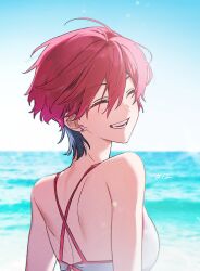 1girl amate_yuzuriha beach bikini blue_sky breasts closed_eyes commentary_request day episode_number gundam gundam_gquuuuuux highres horizon kitsune_(ly_howe) ocean open_mouth outdoors red_hair sand short_hair sky smile solo swimsuit white_bikini zooming_in