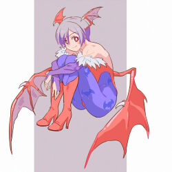 1girl animal_print bat_print bat_wings boots commentary darkstalkers demon_girl full_body fur-trimmed_leotard fur_trim futa_yuri_ryona head_wings high_heels hugging_own_legs knee_boots leotard lilith_(darkstalkers) looking_at_viewer low_wings purple_hair purple_leotard red_boots red_eyes red_leotard short_hair smile solo wings