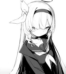 Rule 34 | 1girl, absurdres, blue archive, braid, gradient background, grey background, greyscale, hairband, halo, highres, long hair, looking at viewer, monochrome, neckerchief, plana (blue archive), sailor collar, school uniform, serafuku, single braid, solo, somray, white background