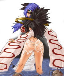 1girl animal_ears argyle_clothes argyle_dress ass blue_eyes blue_hair blush breasts bug cat_ears cat_girl censored commentary_request detached_sleeves dress eye_mask feet_out_of_frame flying_sweatdrops from_behind fur_collar goinkyo green_eyes hair_between_eyes kaminagi_(kaminagi-tei) kukre large_breasts long_bangs long_hair looking_at_viewer looking_back mosaic_censoring no_panties open_mouth pussy ragnarok_online see-through_clothes see-through_dress side_slit sleeveless sleeveless_dress solo sorcerer_(ragnarok_online) standing torn_clothes torn_dress wading water wet wet_clothes wet_dress white_background white_dress white_sleeves