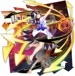 1girl arrow_print black_hair bracelet breasts brown_sandals closed_mouth cone_horns dress full_body game_cg grey_horns grin highres horns jewelry kijin_seija long_hair looking_at_viewer multicolored_hair official_art puffy_short_sleeves puffy_sleeves red_eyes red_hair rotte_(1109) sandals short_sleeves small_horns smile solo streaked_hair third-party_source touhou touhou_lostword transparent_background upside-down white_dress white_hair