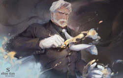 1boy beard black_suit character_name clenched_hand facial_hair formal_clothes gloves luerstine male_focus necktie old old_man overlord_(maruyama) sebas_tian suit upper_body white_gloves white_hair