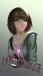 1girl arc2urus bag bob_cut brown_hair copyright_name earbuds earphones female_focus green_eyes grey_jacket handbag highres jacket life_is_strange_(series) life_is_strange_1 looking_at_viewer max_caulfield medium_hair pink_shirt shirt short_hair simple_background solo upper_body