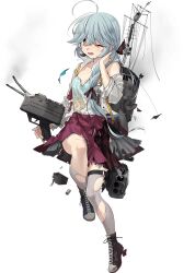 Rule 34 | 1girl, adapted turret, ahoge, aqua bow, aqua bowtie, black ribbon, blazer, blue camisole, bow, bowtie, braid, breasts, brown eyes, camisole, dress, fujikawa, full body, gradient camisole, green eyes, grey hair, grey jacket, grey thighhighs, hair over eyes, halter dress, halterneck, hamanami (kancolle), hamanami kai ni (kancolle), jacket, kantai collection, long hair, long sleeves, machinery, official art, one eye closed, open mouth, pleated dress, purple dress, ribbon, single braid, small breasts, smoke, solo, standing, thighhighs, torn clothes, transparent background