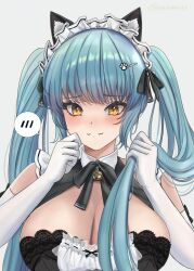 1girl animal_ears aqua_hair bell blush breasts cat_ears cleavage commentary_request elbow_gloves fake_animal_ears gloves goddess_of_victory:_nikke highres long_hair maid maid_headdress neck_bell official_alternate_costume paw_hair_ornament privaty_(nikke) privaty_(unkind_maid)_(nikke) simple_background solo spoken_blush sunameri_(pixiv3564245) twintails upper_body very_long_hair white_background white_gloves yellow_eyes
