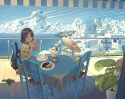 1girl awning backpack bag balcony bird bird_request black_hair blue_eyes blue_sky bread building chair city closed_mouth contrail day dome food greece hair_ornament hairclip hands_up hat highres holding holding_food house ike_rakune juice light_blush loaf_of_bread ocean on_chair orange_juice original plant potted_plant railing raised_eyebrows scenery shirt shore short_hair short_sleeves sideways_glance sitting sky solo steak sun_hat sunlight t-shirt table tablecloth unworn_backpack unworn_bag unworn_hat unworn_headwear vegetable wooden_floor yellow_shirt