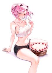 1girl absurdres alternate_breast_size arm_support bare_shoulders bike_shorts black_shorts blush breasts cake camisole collarbone commentary crop_top doki_doki_literature_club english_commentary food hair_intakes highres looking_at_viewer machulanko medium_breasts natsuki_(doki_doki_literature_club) navel nose_blush one_eye_closed pink_hair see-through_silhouette short_hair shorts simple_background sitting solo stomach strawberry_cake two_side_up utensil_in_mouth white_background white_camisole