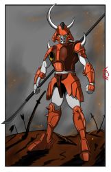 Rule 34 | 1boy, absurdres, armor, arrow (projectile), blue eyes, full body, highres, horns, looking at viewer, mask, naginata, orange armor, polearm, ronin warriors, samurai, sand, serious, shue rei fuan, smoke, solo, spikes, standing, sunrise (company), sword, weapon, yoroiden samurai troopers