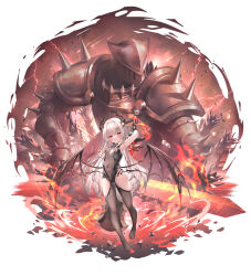 Rule 34 | 1girl, armpits, arms up, black gloves, black horns, black leotard, black wings, bodystocking, breasts, center opening, chen bin, chinese commentary, clothing cutout, commentary request, covered navel, demon girl, demon horns, demon wings, feet, full body, gloves, highres, holding, holding sword, holding weapon, horns, leotard, long hair, looking at viewer, no shoes, open mouth, original, red eyes, small breasts, smile, sword, thigh cutout, very long hair, weapon, white hair, wings