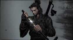1boy beard bracer earrings facial_hair holding holding_sword holding_weapon jewelry katana mabinogi mabinogi_heroes mature_male rope samurai simple_background sword weapon