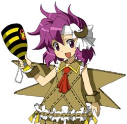 1girl 2channel :d ascot bad_source bow bow_headband cardboard commentary_request crescent hair_between_eyes headband lowres maso_(ascii_art) open_mouth original purple_eyes purple_hair red_ascot sasaki_rinbokusan short_hair simple_background smile solo touhou white_background white_bow white_headband